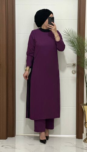 8811 K120 mürdüm garnili tunik pantolon aerobın Kumaş ikili takım buyuk beden