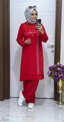 moda sura - 6015 k 25 kırmızı tunik pantolon takım