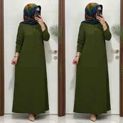 moda sura - 6212 K 80 haki önü büzgü detay fitilli burgu kumaş beden elbise yeni sezon