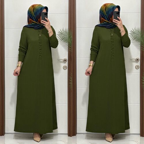 6212 K 80 haki önü büzgü detay fitilli burgu kumaş beden elbise yeni sezon