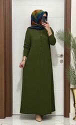 6212 K 80 haki önü büzgü detay fitilli burgu kumaş beden elbise yeni sezon - Thumbnail