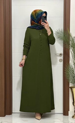 6212 K 80 haki önü büzgü detay fitilli burgu kumaş beden elbise yeni sezon