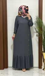 1177 K 90 GRİ eteği düğmeli fitilli burgu kumaş beden elbise yeni sezon - Thumbnail