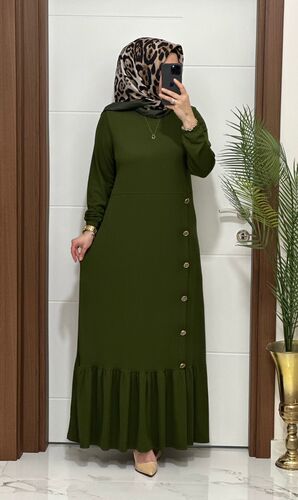 1177 K 90 HAKİ eteği düğmeli fitilli burgu kumaş beden elbise yeni sezon