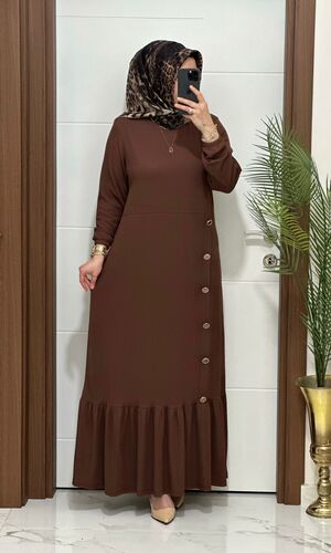 1177 K 90 KAHVERENGİ eteği düğmeli fitilli burgu kumaş beden elbise yeni sezon