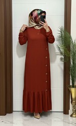 moda sura - 1177 K 90 KİREMİT eteği düğmeli fitilli burgu kumaş beden elbise yeni sezon