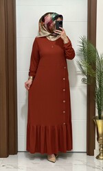 1177 K 90 KİREMİT eteği düğmeli fitilli burgu kumaş beden elbise yeni sezon - Thumbnail