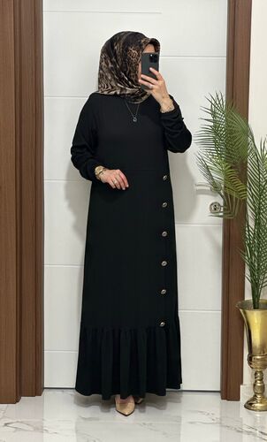 1177 K 90 SİYAH eteği düğmeli fitilli burgu kumaş beden elbise yeni sezon
