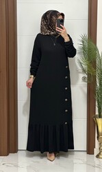 1177 K 90 SİYAH eteği düğmeli fitilli burgu kumaş beden elbise yeni sezon - Thumbnail