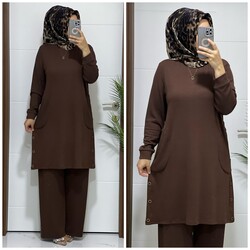 moda sura - 6363 K 60 KAHVERENGİ tunık pantolon takım buyuk beden fitilli atlas kumaş yeni sezon