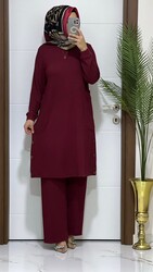 moda sura - 6363 K 60 BORDO tunık pantolon takım buyuk beden fitilli atlas kumaş yeni sezon