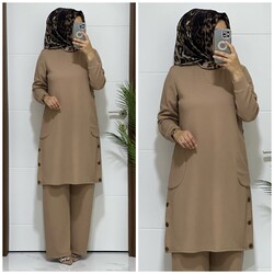 moda sura - 6363 K 60 VİZON tunık pantolon takım buyuk beden fitilli atlas kumaş yeni sezon