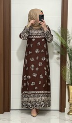 moda sura - 2928 K 50 KAHVERENGİ ZİNCİR LEOPAR desen VİSCON kumaş buyuk beden elbise yeni sezon