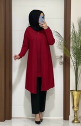 moda sura - 6633 k75 kırmızı ceket sıfır kol tunık ıkılı takım fitilli linda kumaş 