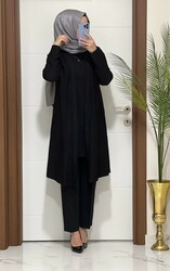 moda sura - 6633 k75 siyah ceket sıfır kol tunık ıkılı takım fitilli linda kumaş 