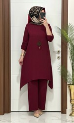 moda sura - 5999 K75 BORDO kolyeli tunik pantolon aerobın Kumaş ikili takım buyuk beden yeni sezon