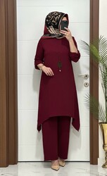 5999 K75 BORDO kolyeli tunik pantolon aerobın Kumaş ikili takım buyuk beden yeni sezon - Thumbnail