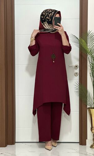 5999 K75 BORDO kolyeli tunik pantolon aerobın Kumaş ikili takım buyuk beden yeni sezon