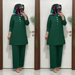 moda sura - 7044 K 90 zümrüt yeşil DÜĞMELİ fitilli burgu kumaş tunik pantolon takım buyuk beden yeni sezon