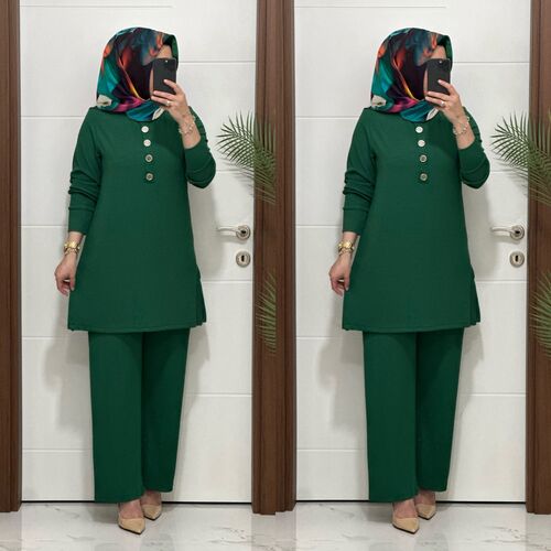 7044 K 90 zümrüt yeşil DÜĞMELİ fitilli burgu kumaş tunik pantolon takım buyuk beden yeni sezon