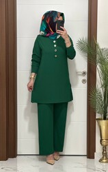 7044 K 90 zümrüt yeşil DÜĞMELİ fitilli burgu kumaş tunik pantolon takım buyuk beden yeni sezon - Thumbnail