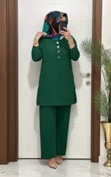 7044 K 90 zümrüt yeşil DÜĞMELİ fitilli burgu kumaş tunik pantolon takım buyuk beden yeni sezon - Thumbnail
