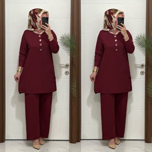 7044 K 90 bordo DÜĞMELİ fitilli burgu kumaş tunik pantolon takım buyuk beden yeni sezon