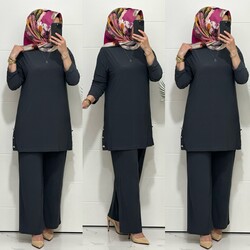 moda sura - 7045 K 110 GRİ sandy kumaş düğmelı TUNİK PANTOLON TAKIM büyük beden yeni sezon