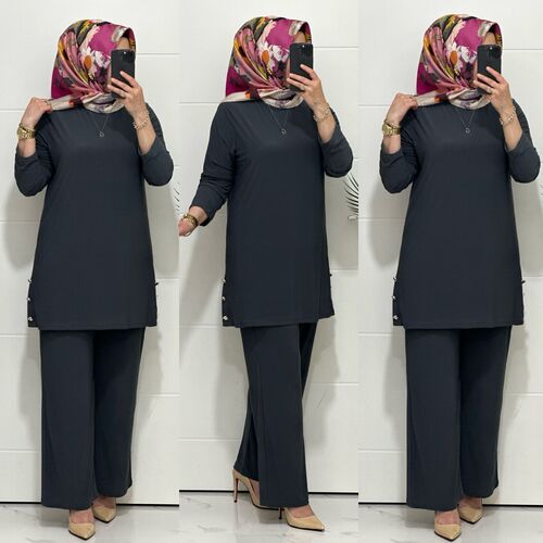 7045 K 110 GRİ sandy kumaş düğmelı TUNİK PANTOLON TAKIM büyük beden yeni sezon