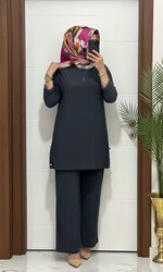 7045 K 110 GRİ sandy kumaş düğmelı TUNİK PANTOLON TAKIM büyük beden yeni sezon - Thumbnail