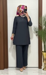 7045 K 110 GRİ sandy kumaş düğmelı TUNİK PANTOLON TAKIM büyük beden yeni sezon - Thumbnail