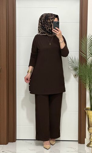 7045 K 110 KAHVERENGİ sandy kumaş düğmelı TUNİK PANTOLON TAKIM büyük beden yeni sezon