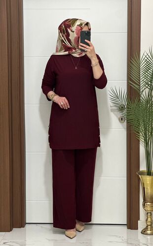 7045 K 110 BORDO sandy kumaş düğmelı TUNİK PANTOLON TAKIM büyük beden yeni sezon