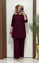 7045 K 110 BORDO sandy kumaş düğmelı TUNİK PANTOLON TAKIM büyük beden yeni sezon - Thumbnail