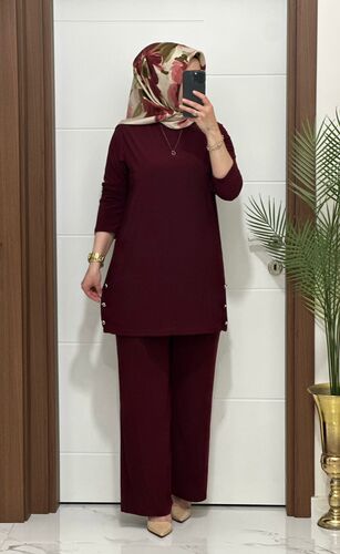 7045 K 110 BORDO sandy kumaş düğmelı TUNİK PANTOLON TAKIM büyük beden yeni sezon