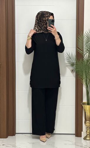 7045 K 110 SİYAH sandy kumaş düğmelı TUNİK PANTOLON TAKIM büyük beden yeni sezon