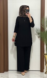 7045 K 110 SİYAH sandy kumaş düğmelı TUNİK PANTOLON TAKIM büyük beden yeni sezon - Thumbnail