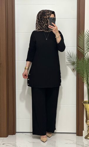7045 K 110 SİYAH sandy kumaş düğmelı TUNİK PANTOLON TAKIM büyük beden yeni sezon