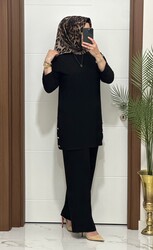 7045 K 110 SİYAH sandy kumaş düğmelı TUNİK PANTOLON TAKIM büyük beden yeni sezon - Thumbnail