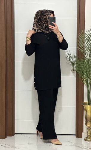 7045 K 110 SİYAH sandy kumaş düğmelı TUNİK PANTOLON TAKIM büyük beden yeni sezon