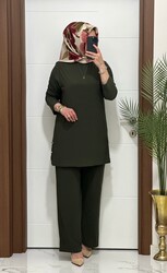moda sura - 7045 K 110 HAKİ sandy kumaş düğmelı TUNİK PANTOLON TAKIM büyük beden yeni sezon