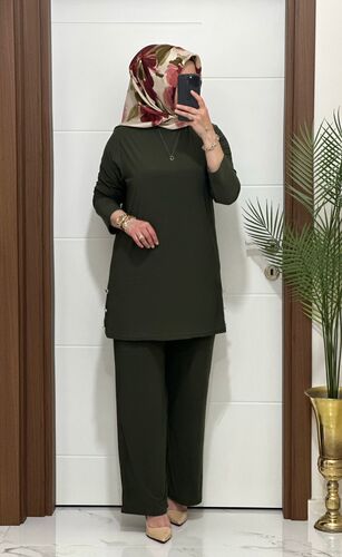 7045 K 110 HAKİ sandy kumaş düğmelı TUNİK PANTOLON TAKIM büyük beden yeni sezon