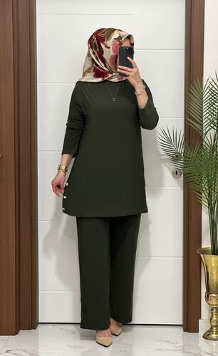 7045 K 110 HAKİ sandy kumaş düğmelı TUNİK PANTOLON TAKIM büyük beden yeni sezon