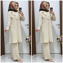 moda sura - 7065 K 60 TAŞ RENK TUNİK PANTOLON TAKIM