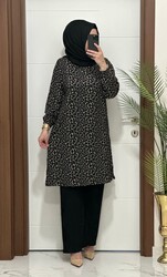 moda sura - 7172 K 60 SİYAH TAŞ DESEN TUNİK PANTOLON TAKIM bürümcük kumaş büyük beden elbise yeni sezon