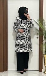 moda sura - 7172 K 60 SİYAH BAHAR DESEN TUNİK PANTOLON TAKIM bürümcük kumaş büyük beden elbise yeni sezon