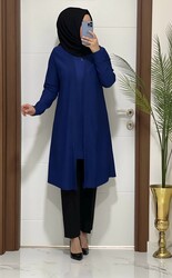 moda sura - 6633 k75 indigo ceket sıfır kol tunık ıkılı takım fitilli linda kumaş