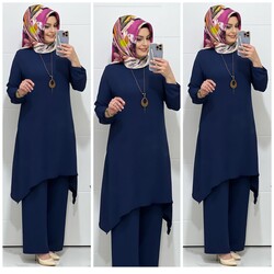 moda sura - 5015 K50 KOLYELİ lacivert tunik pantolon TAKIM