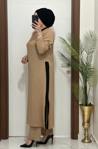 8811 K120 camel garnili tunik pantolon aerobın Kumaş ikili takım buyuk beden