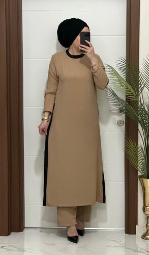 8811 K120 camel garnili tunik pantolon aerobın Kumaş ikili takım buyuk beden
